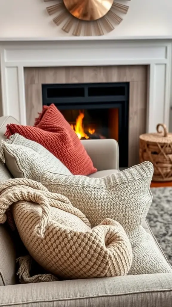Cozy living room with textured throws and pillows on a couch, featuring a modern fireplace in the background.