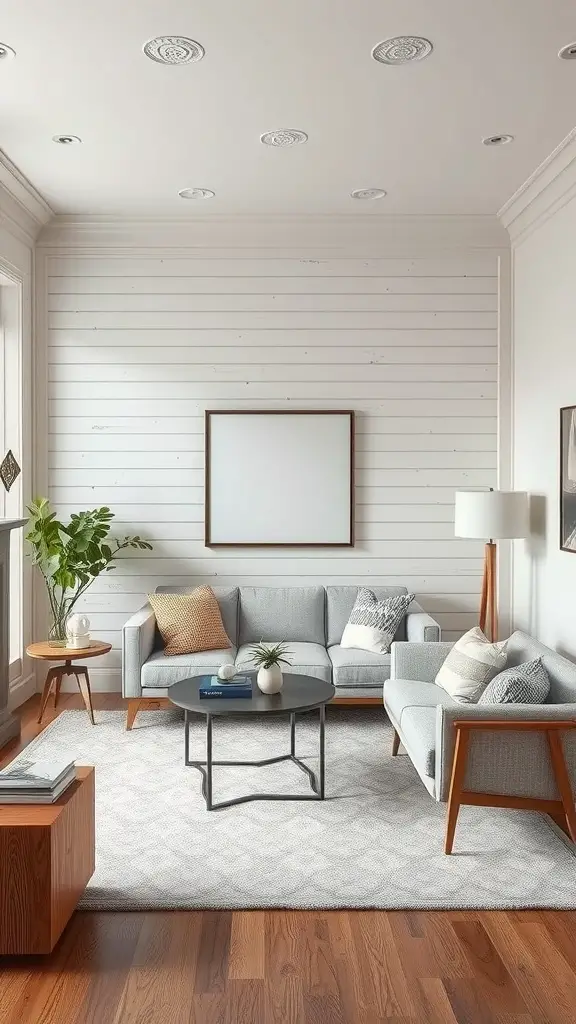 A neutral living room featuring textured shiplap walls, gray sofas, and a wooden coffee table.