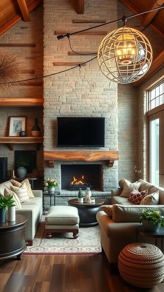 A cozy woodland living room with a textured stone wall and wooden beams.