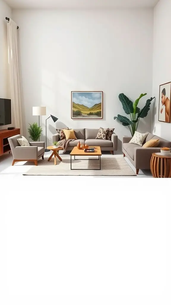 A modern living room with two gray sofas, a coffee table, and a tall plant, featuring light walls and decorative art.