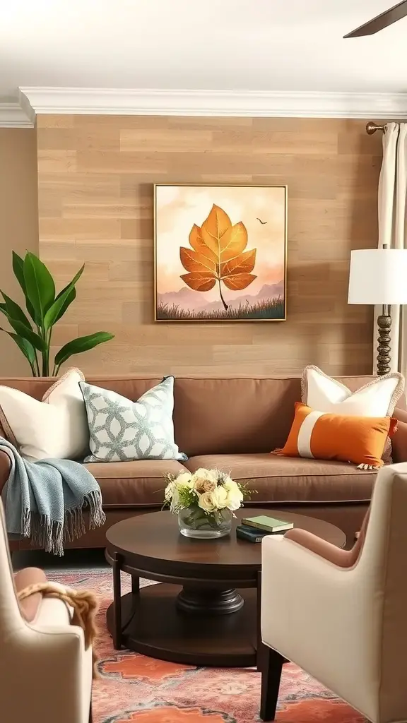 Cozy living room with warm fall decor, featuring autumn-themed artwork and cushions.