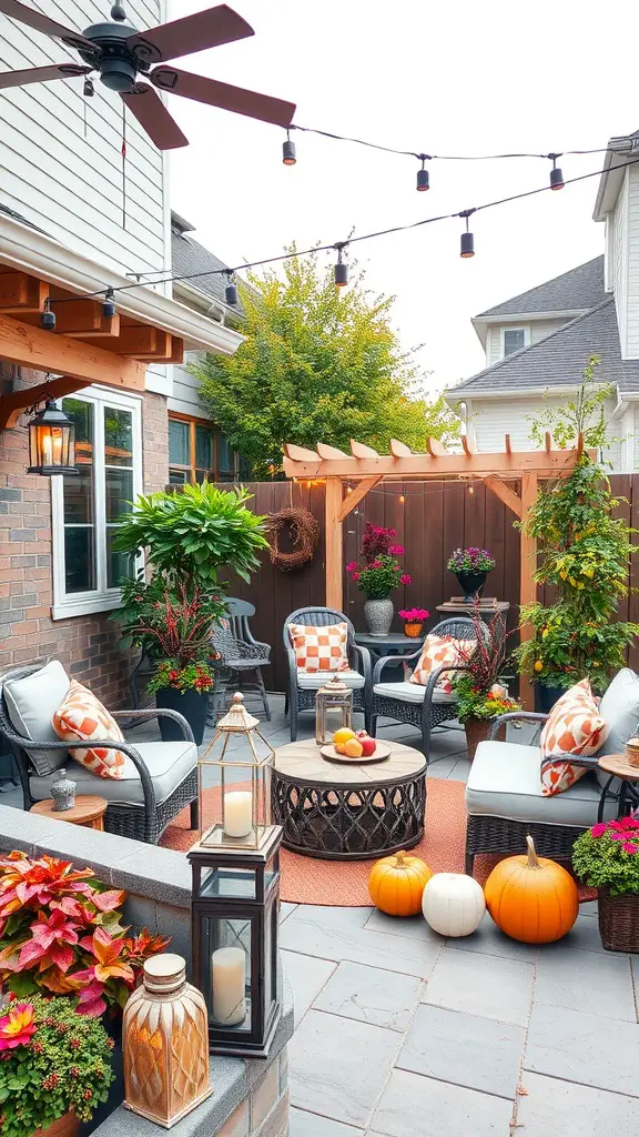 Cozy outdoor seating area decorated for fall with pumpkins and warm lighting.