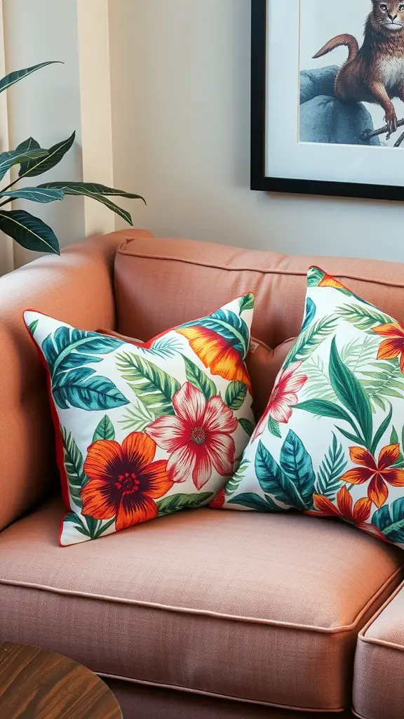 Tropical-themed throw pillows on a peach sofa with green leaves and colorful flowers.