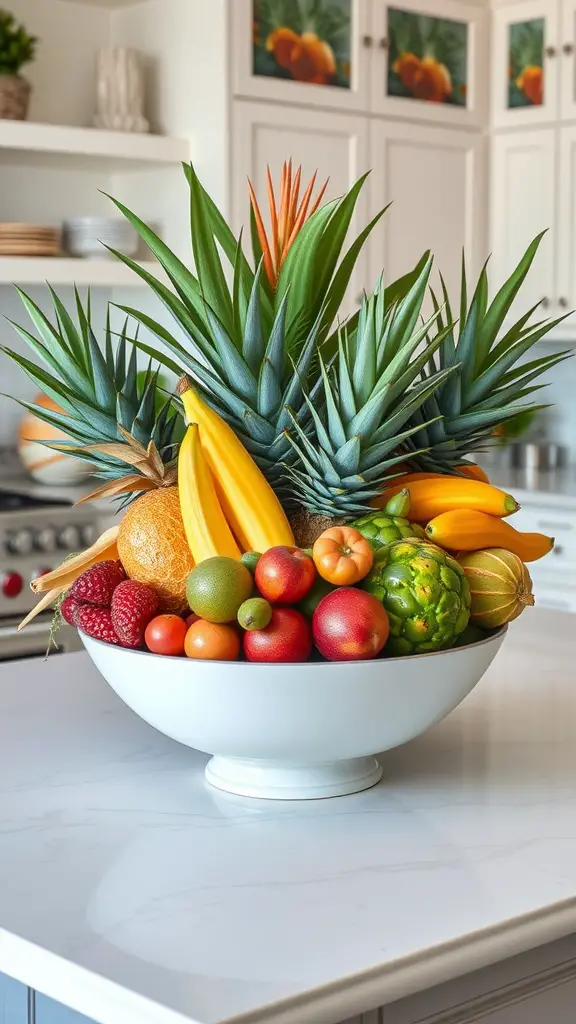 A vibrant tropical fruit centerpiece featuring pineapples, bananas, watermelons, and more in a clear bowl.