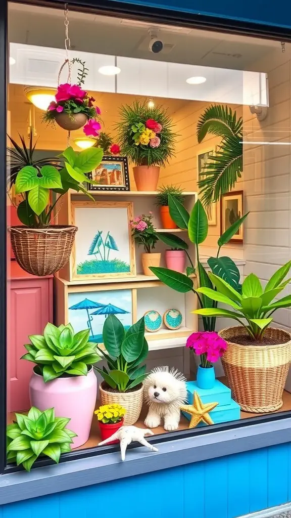 A tropical-themed window display featuring various green plants and colorful flowers in decorative pots and baskets.