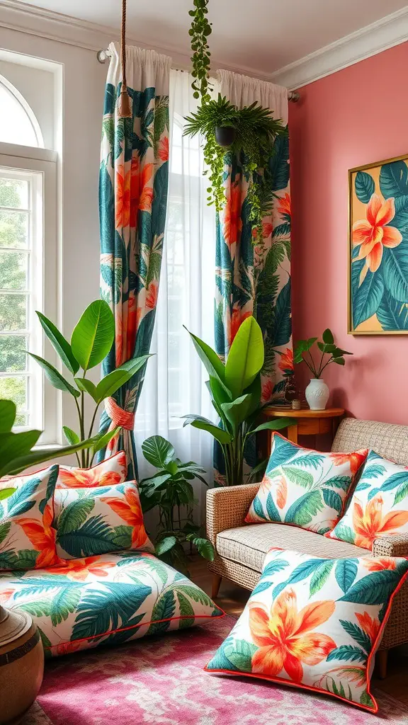 Living room with tropical decor featuring floral prints on cushions and curtains, plants, and warm colors.