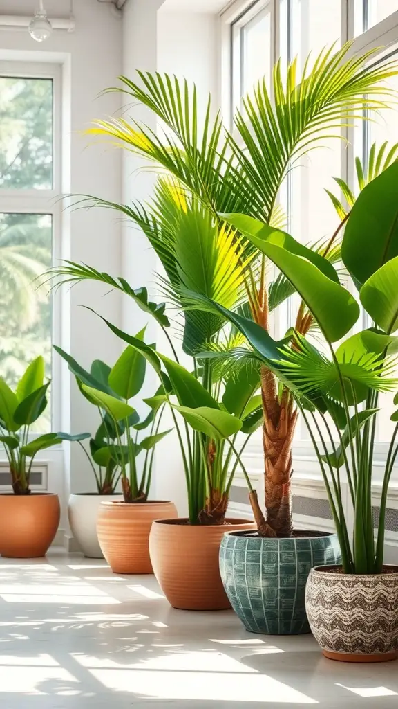 Indoor tropical plant arrangements in various pots by a large window