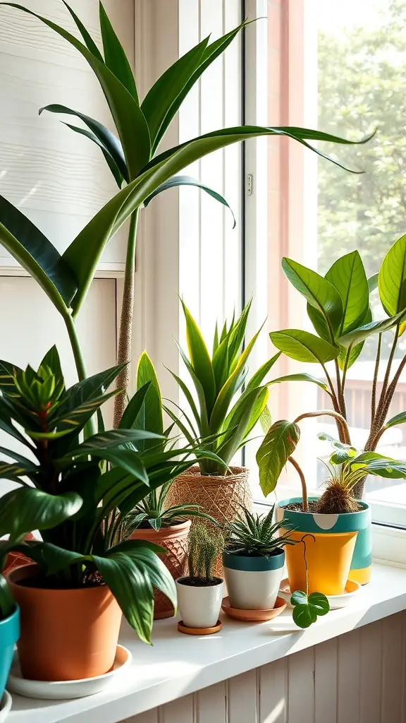 A collection of various tropical plants arranged in colorful pots on a windowsill.