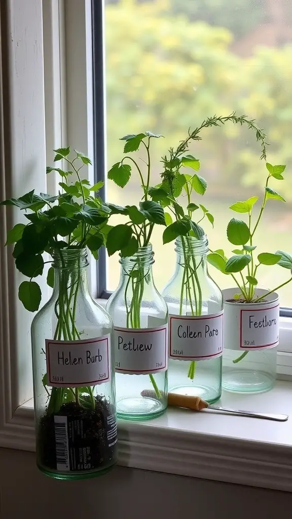 Glass bottles being used as herb planters with labels for different herbs
