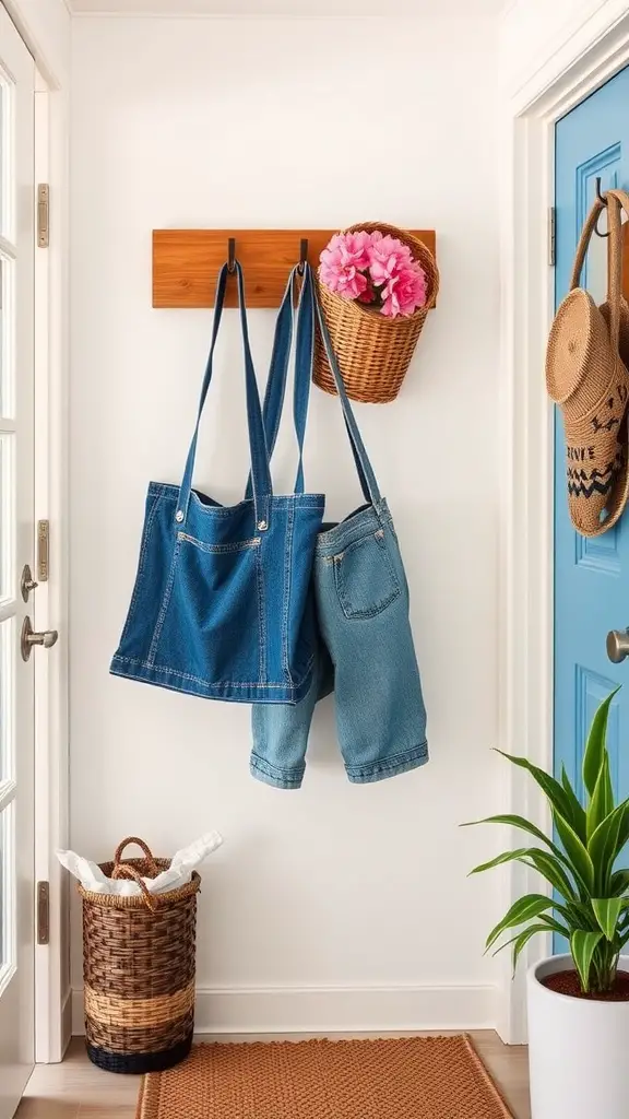 Two upcycled denim tote bags hanging on a hook in a bright entryway