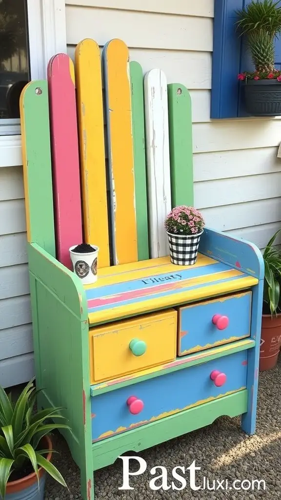 Colorful upcycled hutch with blue, green, pink, and yellow drawers against a white fence.