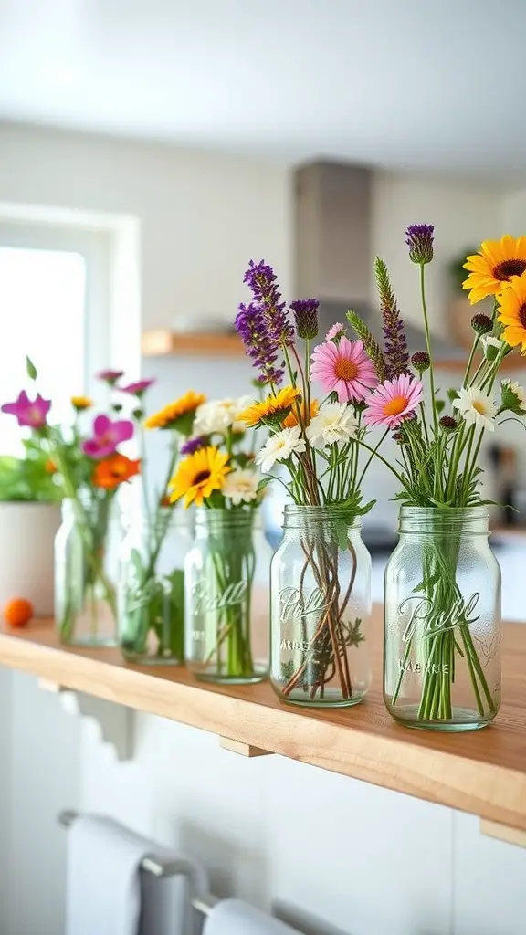 Colorful flowers in upcycled mason jars on a wooden shelf.