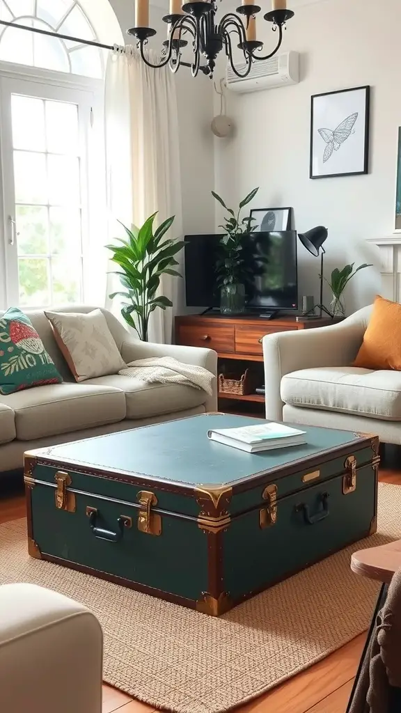 Upcycled vintage suitcase used as a coffee table in a cozy living room