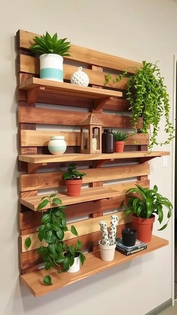 Upcycled wood pallet shelves with plants and decorative items