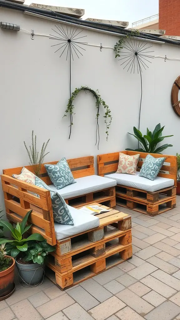 Cozy upcycled wooden pallet furniture in an outdoor setting