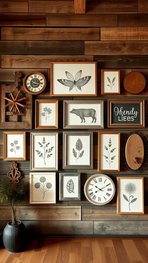 A wall adorned with various framed artworks on a barn wood background, showcasing a rustic living room decor style.