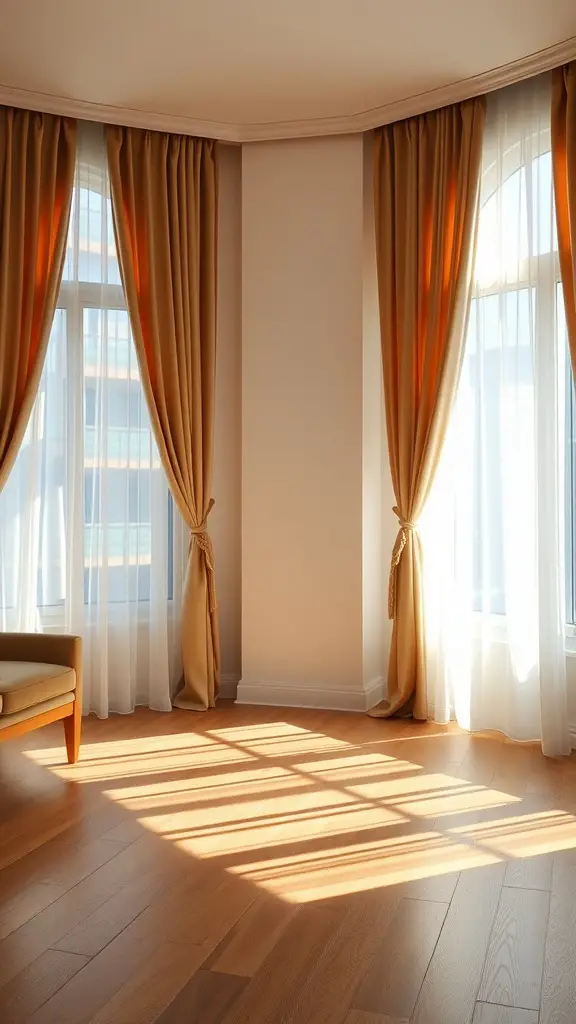 A well-lit corner of a living room featuring large windows with warm curtains, highlighting beautiful wood floors.