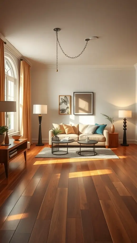 A well-lit living room with wood floors, featuring natural and ambient lighting that highlights the floor's texture.