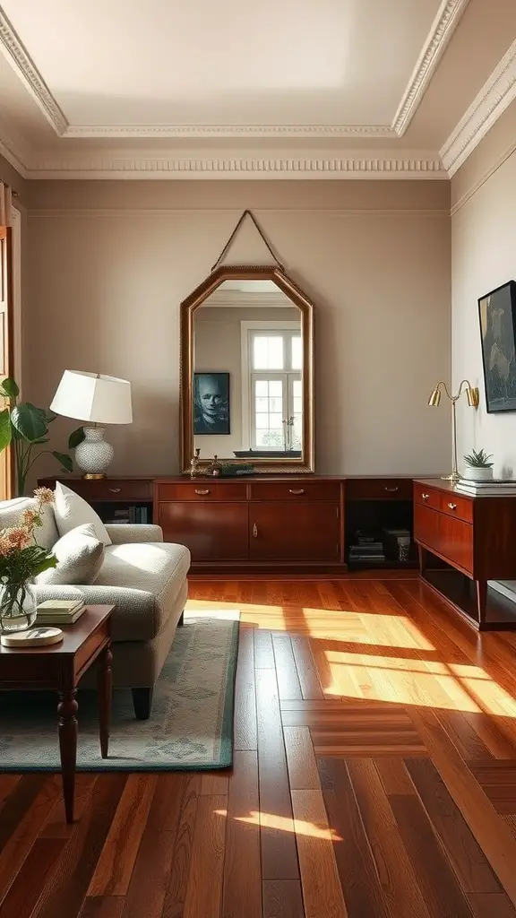 Living room with wood floors and a large octagonal mirror reflecting light.