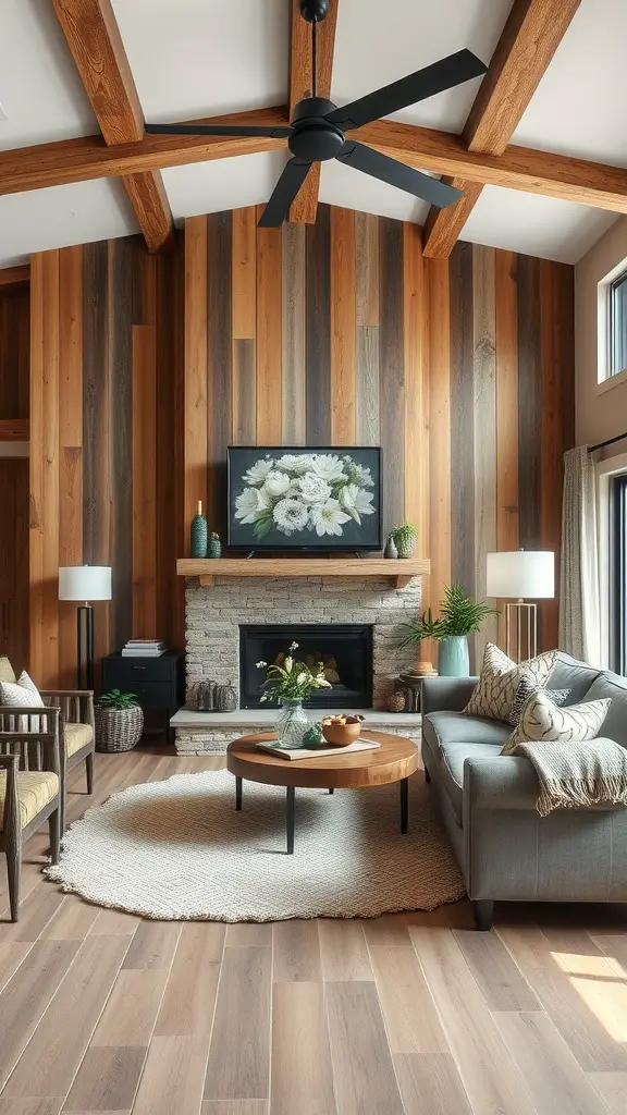 A transitional living room featuring a barn wood wall, modern furniture, and natural decor elements.