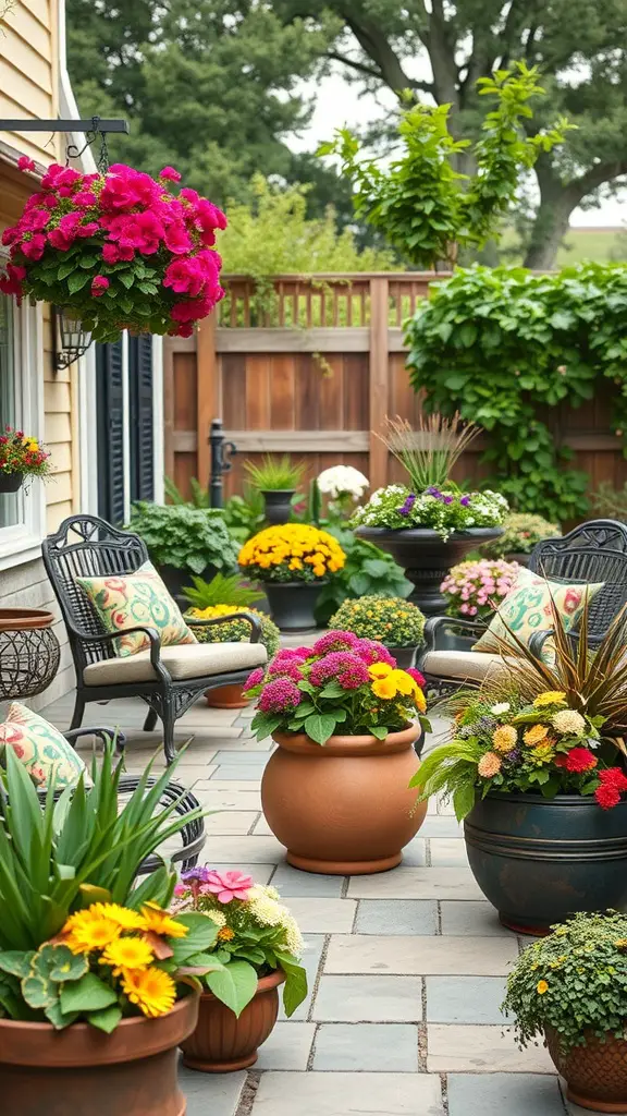 A vibrant patio filled with colorful flowers in pots and comfortable seating