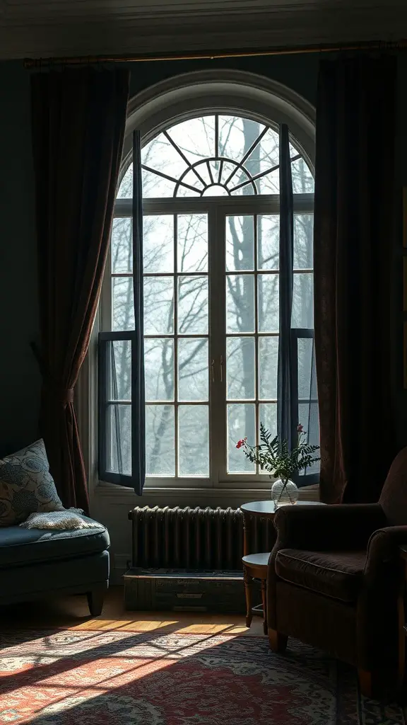 Living room featuring velvet textured curtains, a cozy couch, and a window with natural light.