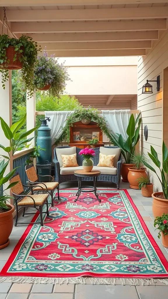 A cozy patio with a vibrant red rug, comfortable seating, potted plants, and hanging flowers.