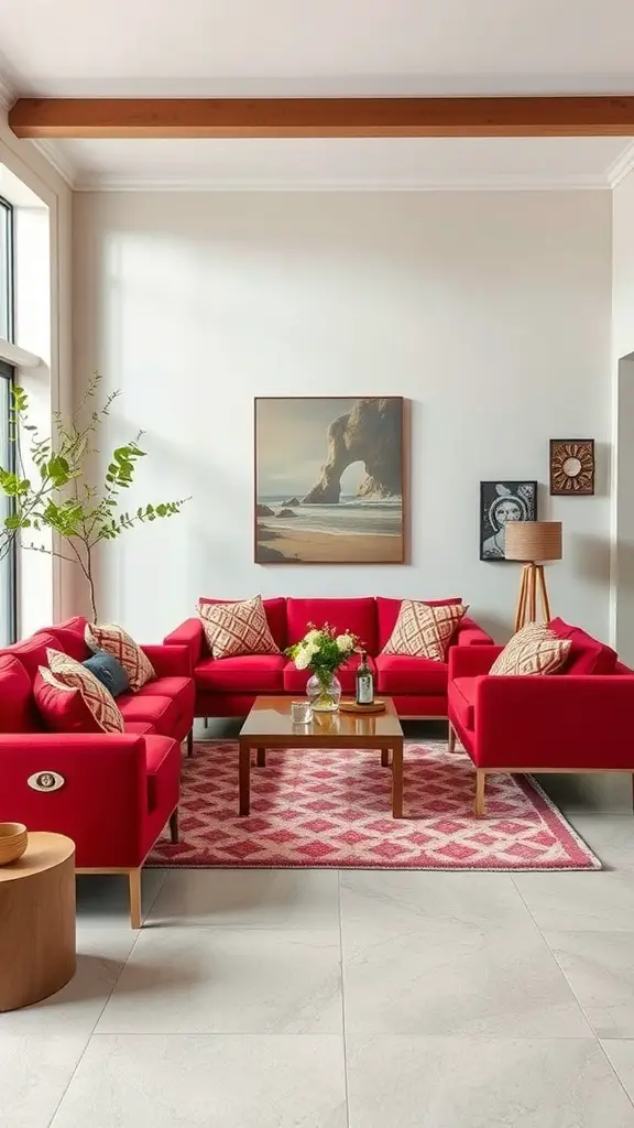 A modern living room featuring a vibrant red sectional sofa, a patterned area rug, and wooden decor elements.