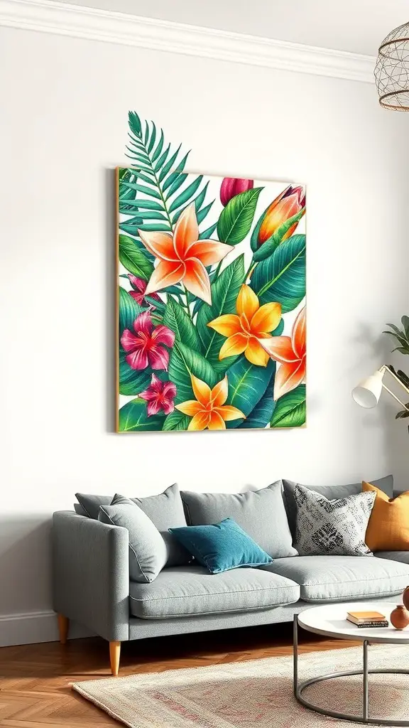 A vibrant tropical wall art piece featuring colorful flowers and green leaves, displayed above a light-colored couch in a cozy living room setting.