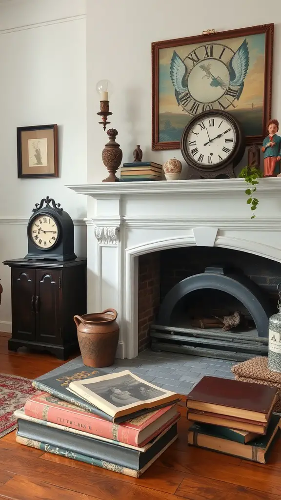 A vintage-style living room with a fireplace, featuring a large clock, candlesticks, and stacked books.