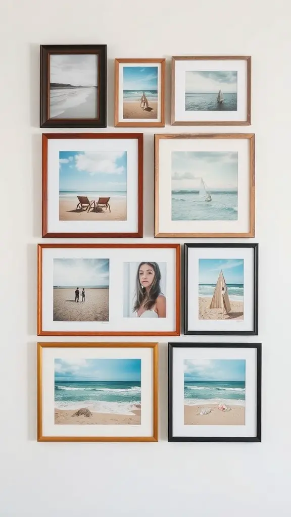A collection of vintage beach-inspired art in various frames depicting serene beach scenes.