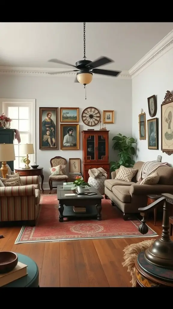 A vintage-inspired living room showcasing antique furniture and wall art.