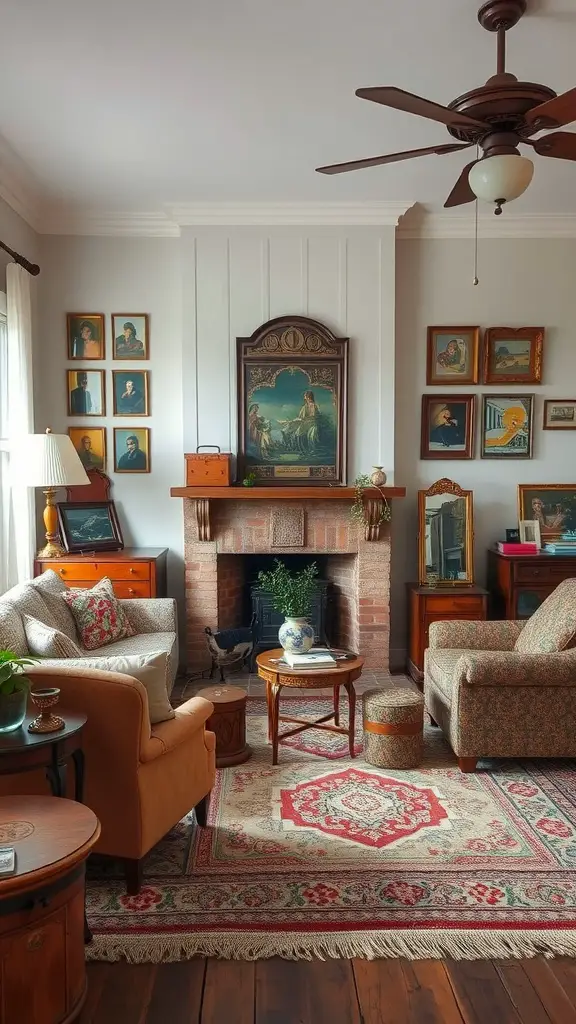 A cozy living room with vintage decor, showcasing antique furniture, artwork, and a fireplace.