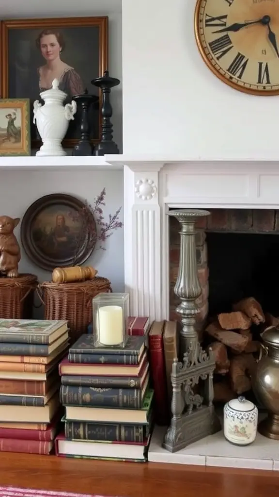 A vintage-inspired fireplace with a collection of old books and decorative items.