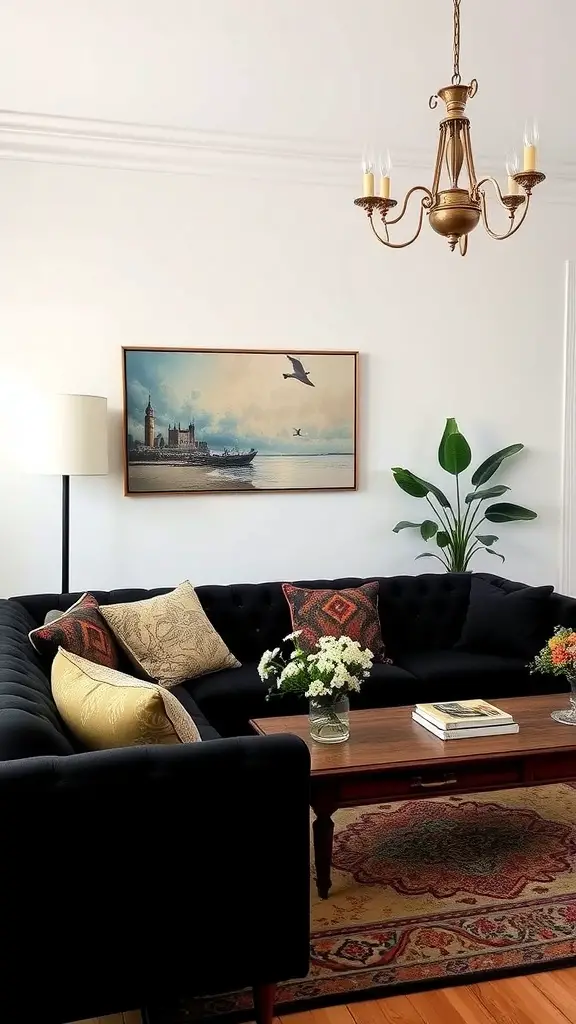 Cozy living room with a black sofa, vintage accents, and a chandelier