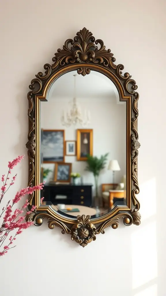 An ornate vintage mirror with a golden frame reflecting a stylish living room with a chandelier and greenery.