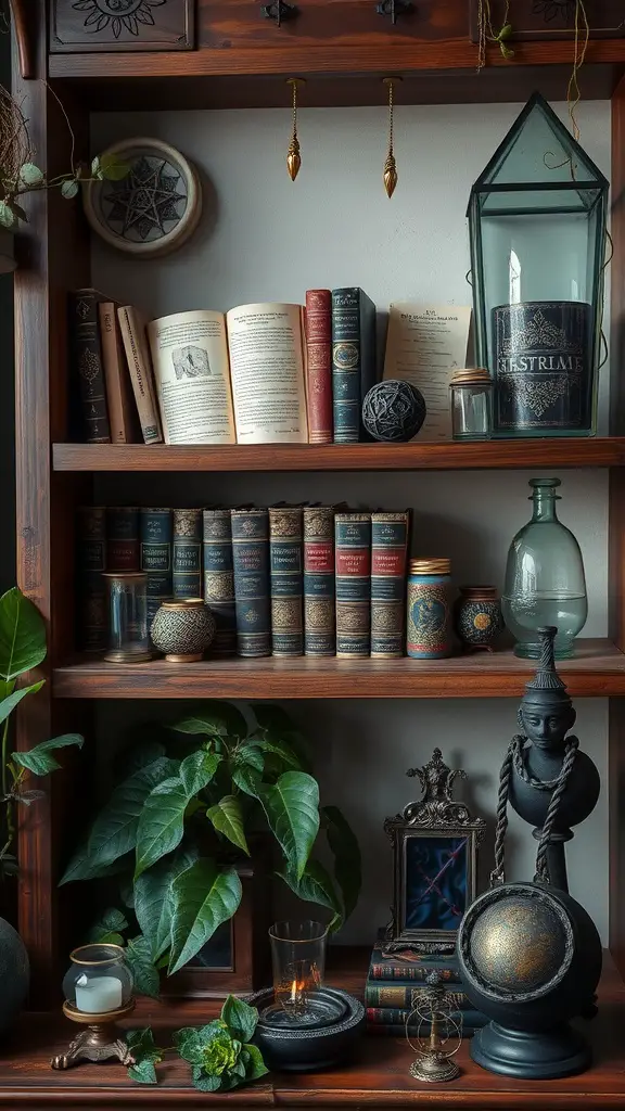 A vintage-inspired shelf displaying spellbooks and decorative elements, creating a cozy witch aesthetic.