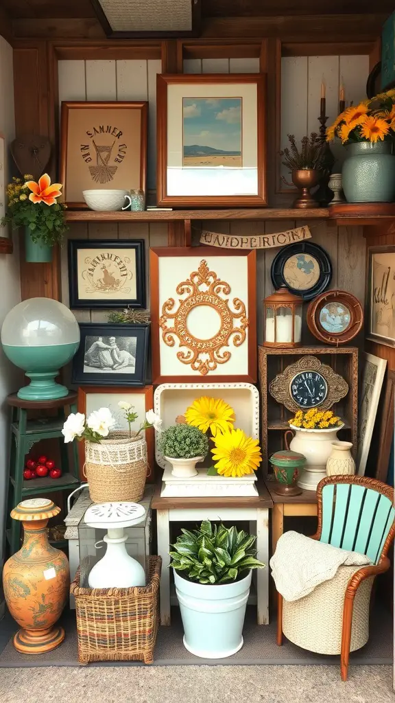 A cozy vintage decor display featuring sunflowers, framed art, and various antique items.