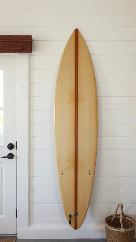 A vintage surfboard mounted on a wall, adding a coastal vibe to a home.