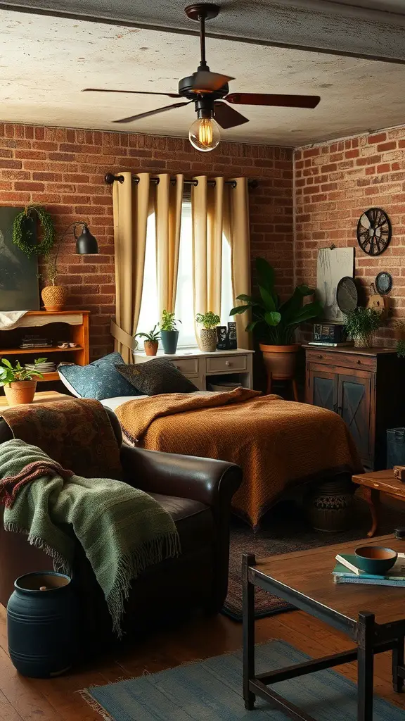 Cozy bedroom featuring vintage textiles and earthy decor