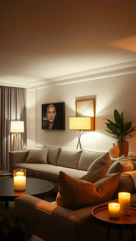 A cozy living room with warm ambient lighting from lamps and candles, featuring a comfortable sofa and decorative elements.
