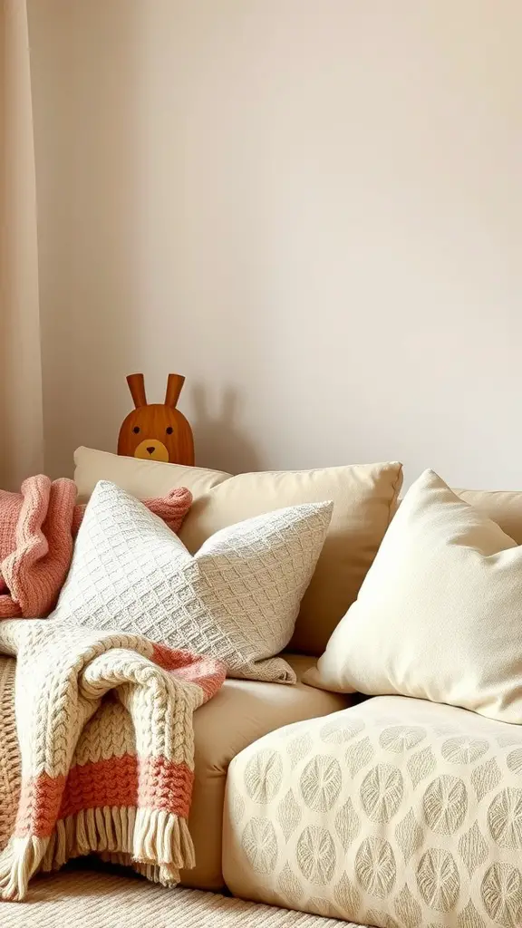 A cozy living room with a beige sofa, patterned pillows, and a knitted throw, featuring a cute wooden decoration.