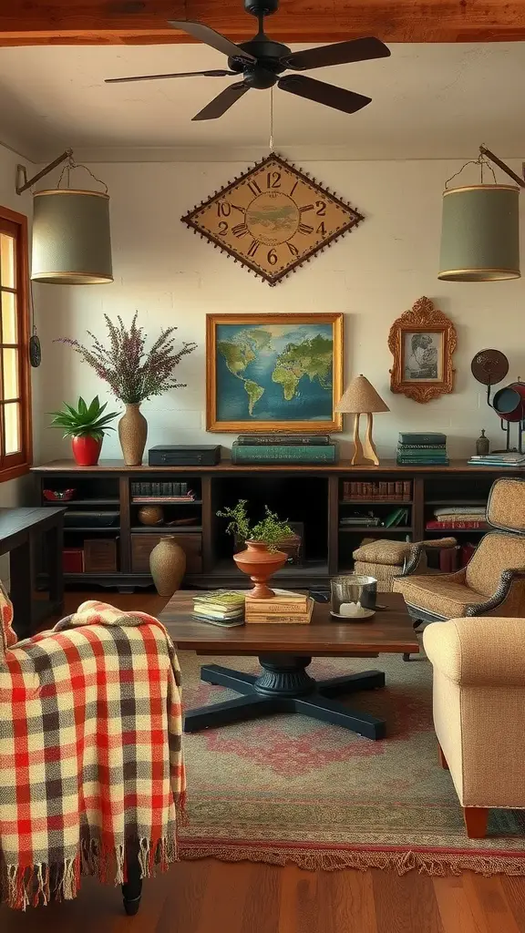 A cozy vintage living room featuring warm color palettes and textures, with a plaid blanket, wooden furniture, plants, and vintage decor.