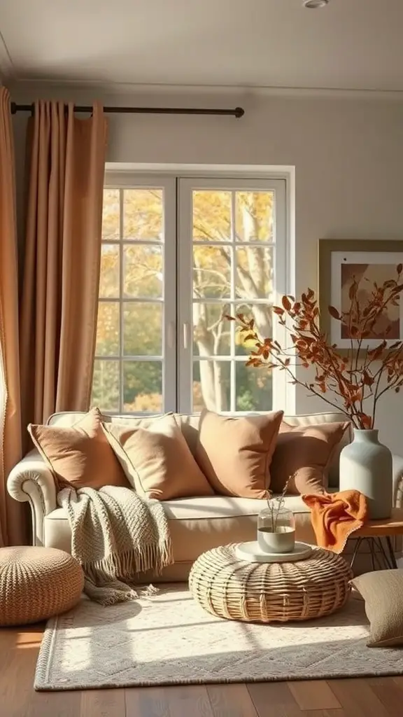 A cozy living room featuring warm earthy tones with a sofa, pillows, and a decorative coffee table