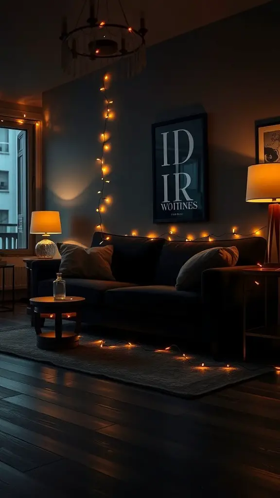 Cozy living room with a black sofa, warm lighting from lamps and string lights.