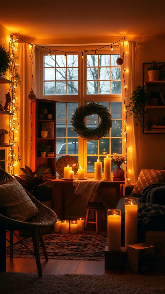 A cozy room with warm lighting from candles and string lights, creating a welcoming atmosphere.