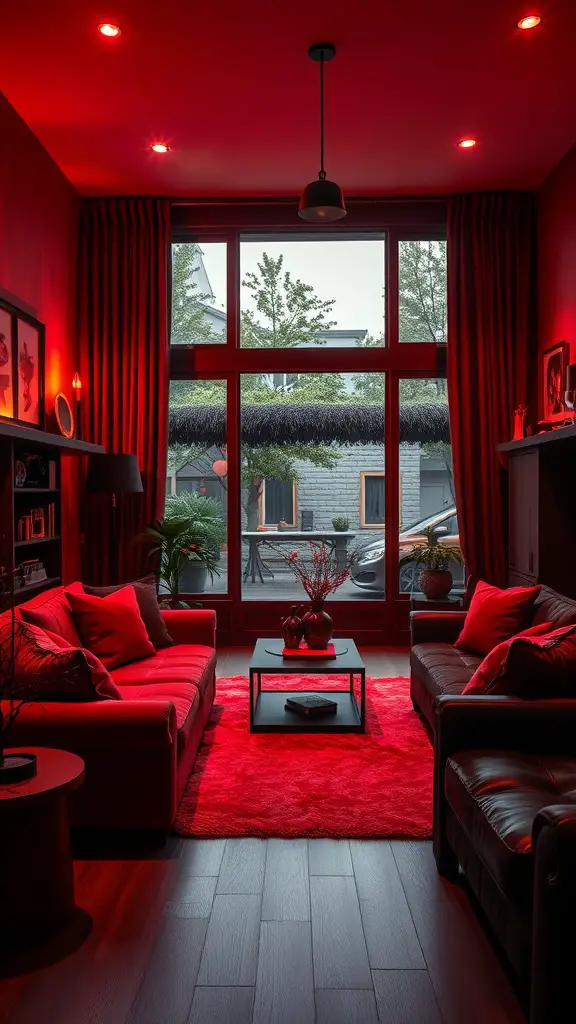 Cozy black and red living room with warm lighting, featuring red walls, plush seating, and a welcoming atmosphere.