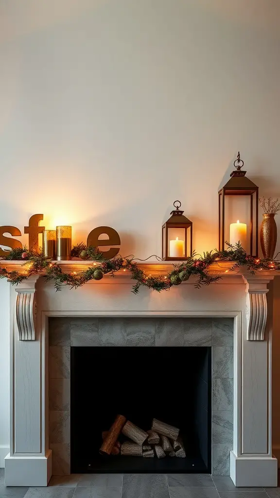 A cozy fireplace mantel decorated with warm metallic lanterns, candles, and greenery.