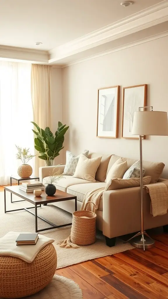 A cozy living room with warm neutral colors featuring a beige couch, light wood floors, and decorative plants.