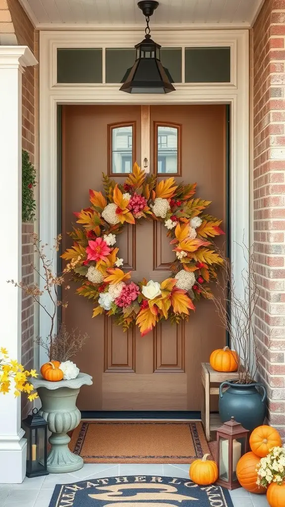 A welcoming entryway decorated for fall with a colorful wreath, pumpkins, lanterns, and a potted plant.